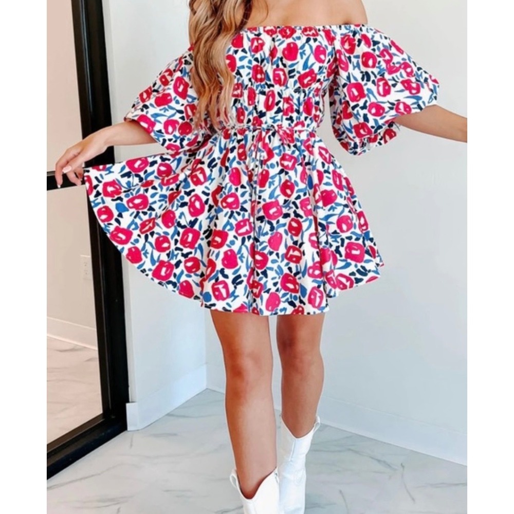 &merci Pink Blue Abstract Floral Puff Sleeve Off Shoulder Smocked Mini Dress